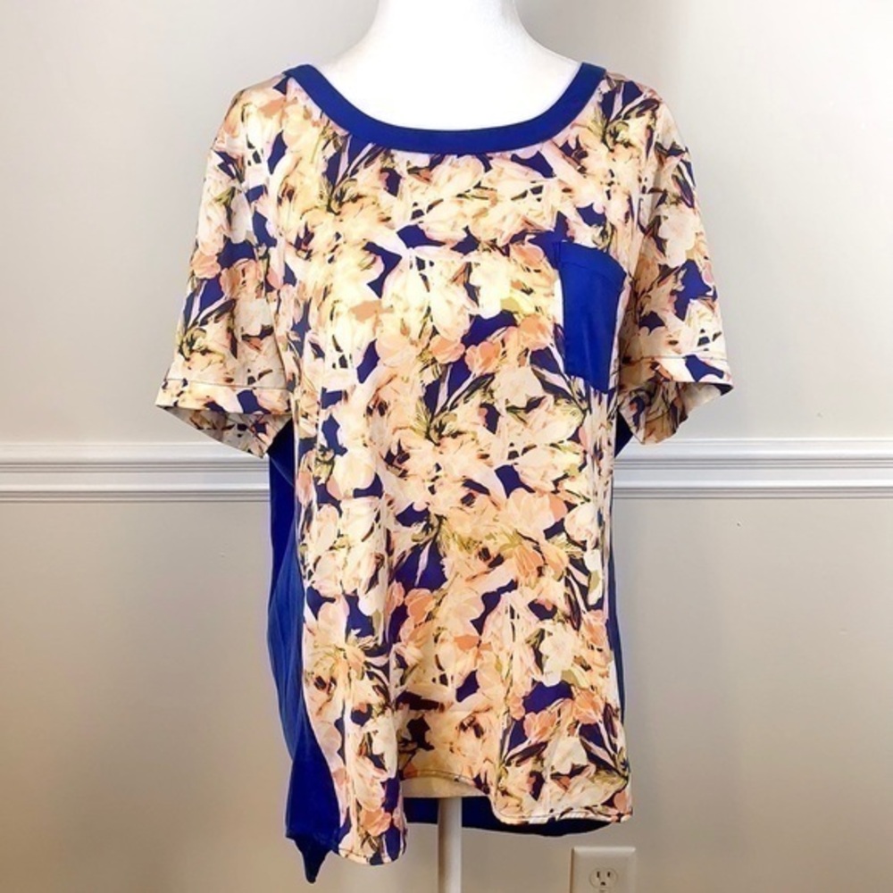 J.CREW Hi Low Short Sleeve Front Pocket Floral Blue Blouse L
